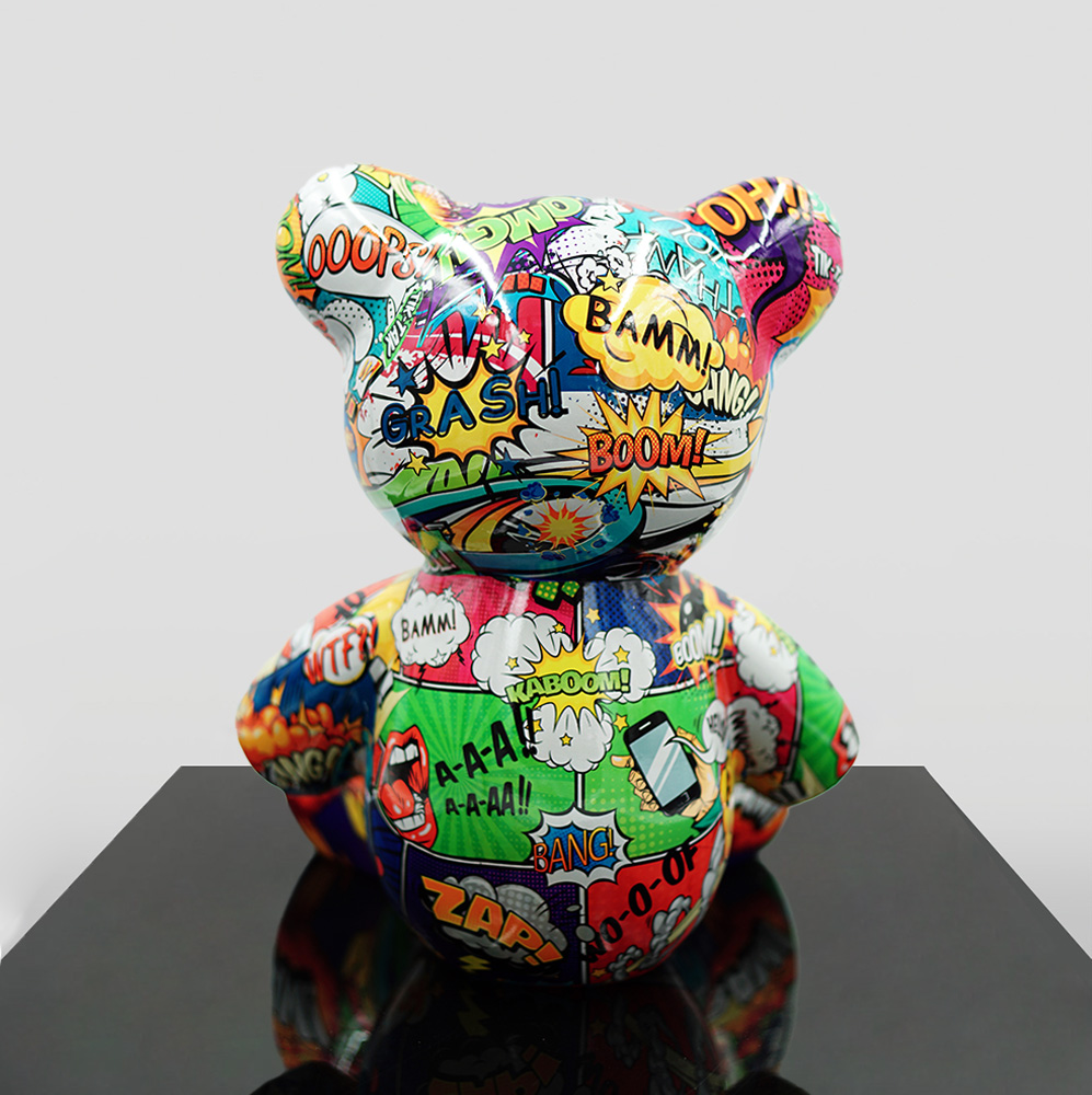 Small Sitting Bear - Pop ART 2 Colorful bear-shaped sculpture with a comic book style design featuring words like