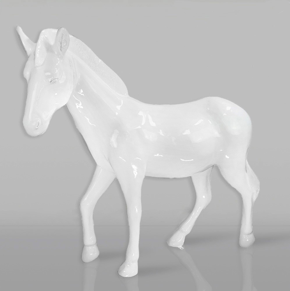 Zebra White - Life-Size Figure 1 White ceramic unicorn statue on a gray background.