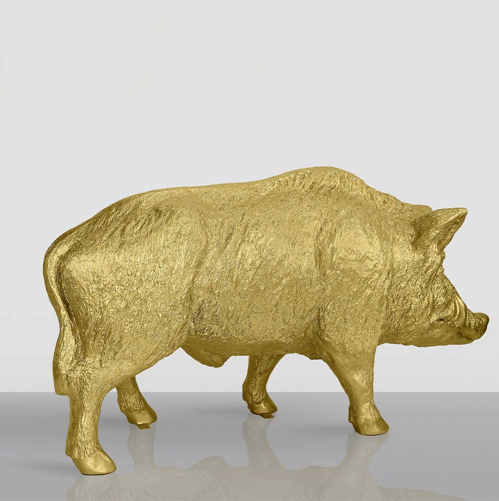 Life-Size Golden Wild Boar 3 Golden pig statue on a reflective surface.