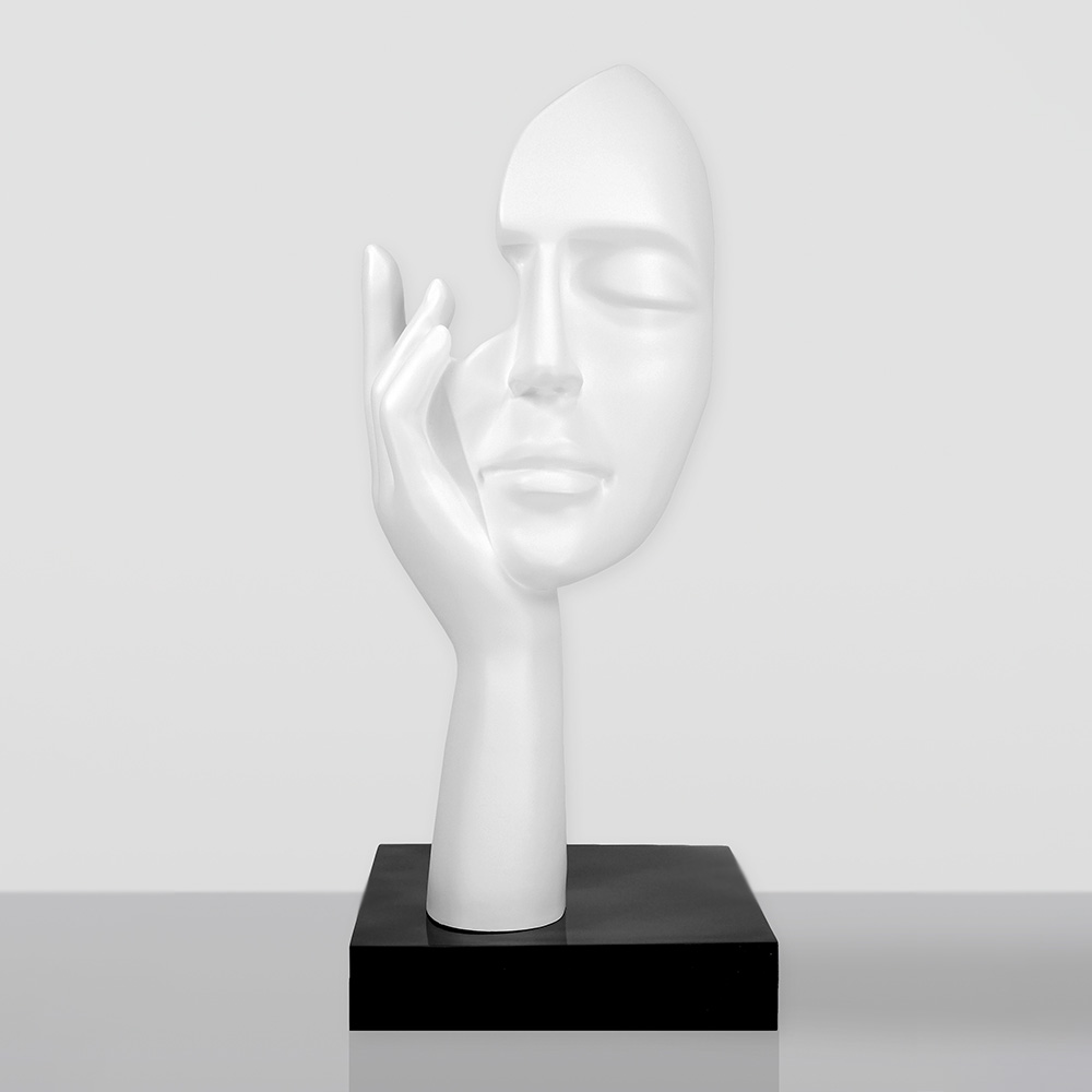 Medium-Sized 120CM Blue Mask on Stand - Golden Trash 3 White sculpture of a serene face resting gently on an elongated hand, mounted on a black square base against a plain light gray background