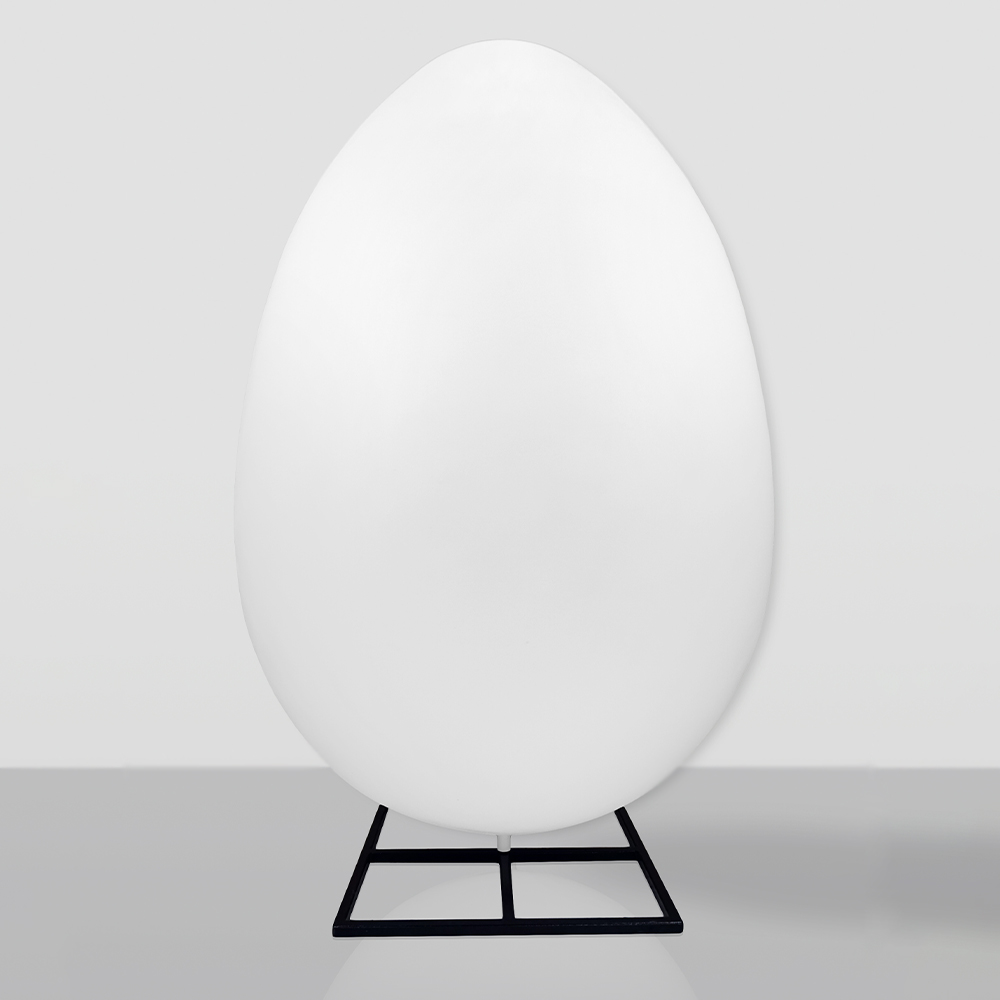 Decorative Figure White Easter Egg XXL – Square Base 1 Large smooth white egg-shaped object mounted on a simple black metal stand against a light gray background