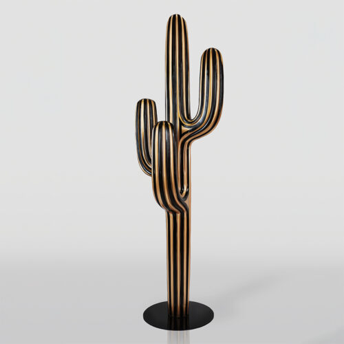 Black and gold striped sculpture shaped like a tall cactus with three arms, standing on a round black base against a plain light grey background