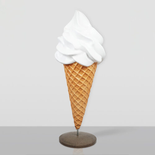 Large, realistic soft serve ice cream cone sculpture with vanilla ice cream in a waffle cone mounted on a round base against a plain background.