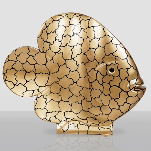 Decorative ceramic fish sculpture with a gold finish and black crackle pattern, displayed against a neutral background.