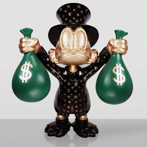Golden and black glossy statue of a duck wearing a top hat and coat with a Louis Vuitton pattern, holding two large green money bags with gold dollar signs against a plain light gray background.