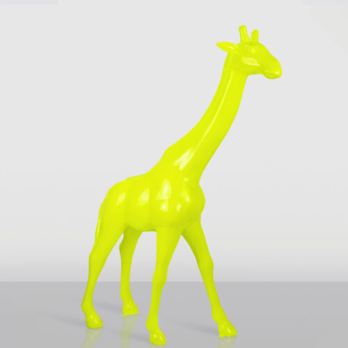 Glossy neon yellow sculpture of a giraffe standing on a reflective surface against a plain light gray background