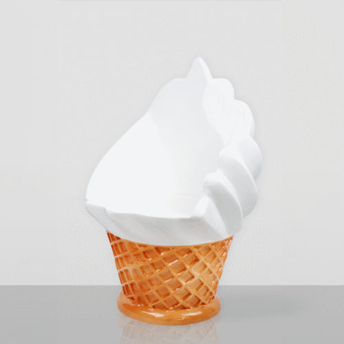 White ceramic chair shaped like a swirl of soft-serve ice cream atop a waffle cone base