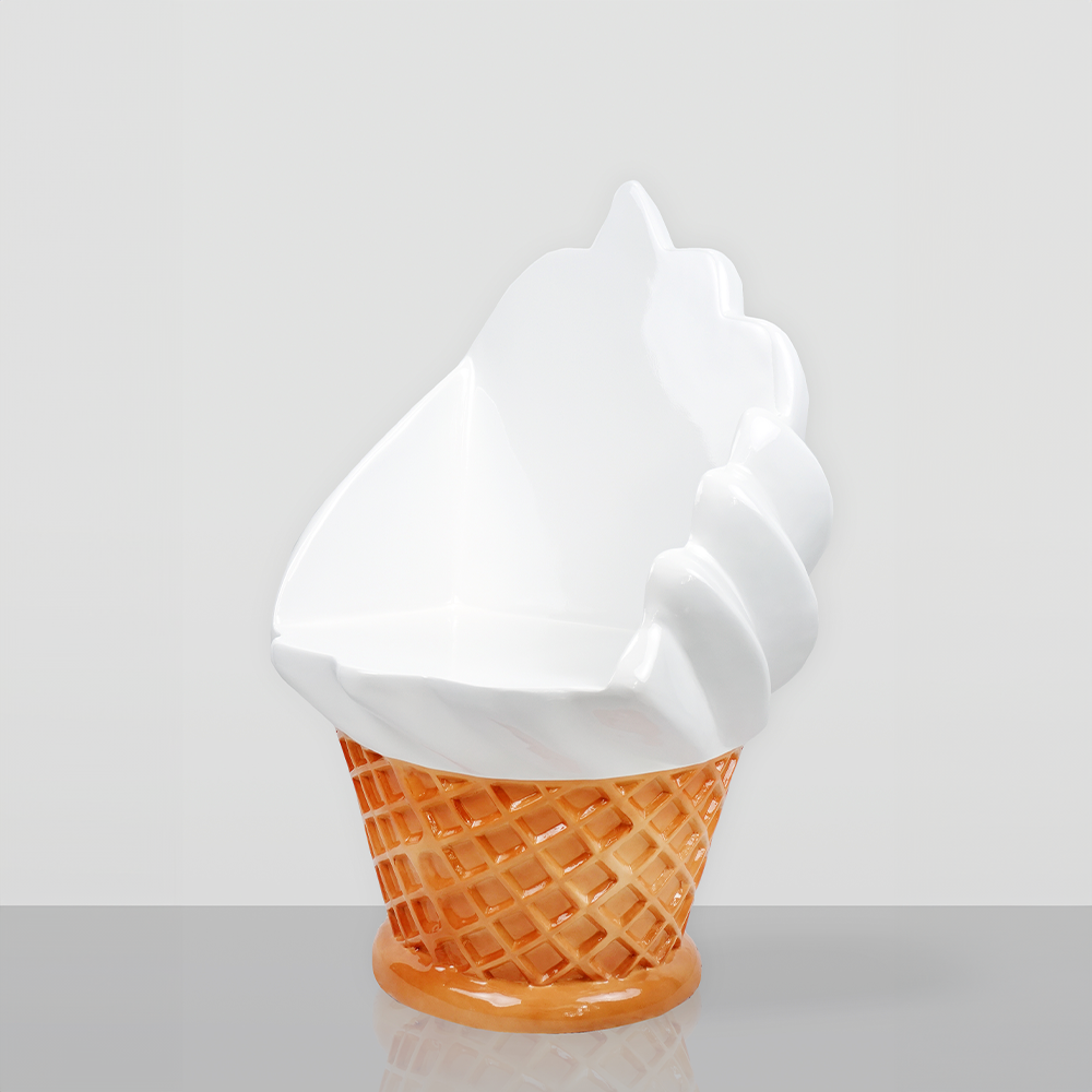 Ice cream shop furniture set – waffle cone table + ice cream chairs 5 White ceramic chair shaped like a swirl of soft-serve ice cream atop a waffle cone base