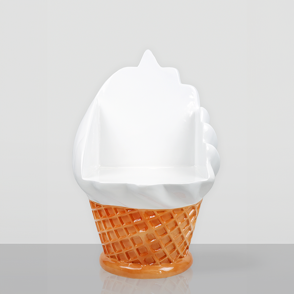 Ice cream shop furniture set – waffle cone table + ice cream chairs 4 White chair shaped like an ice cream swirl in a brown waffle cone base against a light gray background
