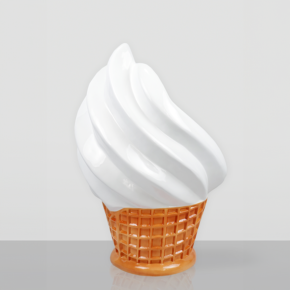 Ice cream shop furniture set – waffle cone table + ice cream chairs 2 White soft-serve ice cream in a light brown waffle cone set against a plain gray background.