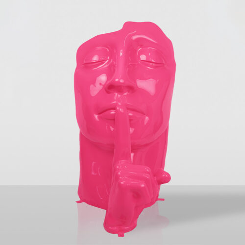 Glossy bright pink sculpture of a face with closed eyes and an index finger pressed to its lips in a shushing gesture, set against a plain light gray background.