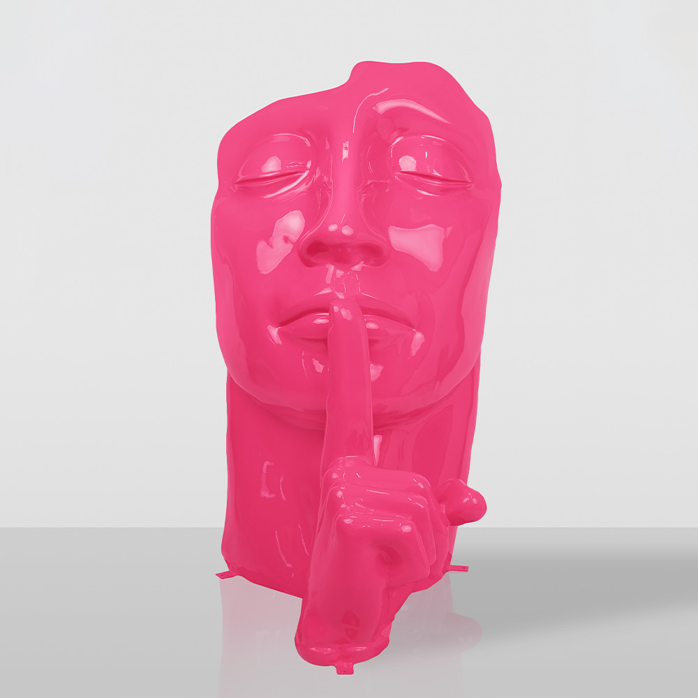 Blue Glossy bright pink sculpture of a face with closed eyes and an index finger pressed to its lips in a shushing gesture, set against a plain light gray background.