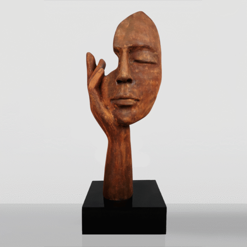 Large Mask with Hand on a Base – Rust Effect
