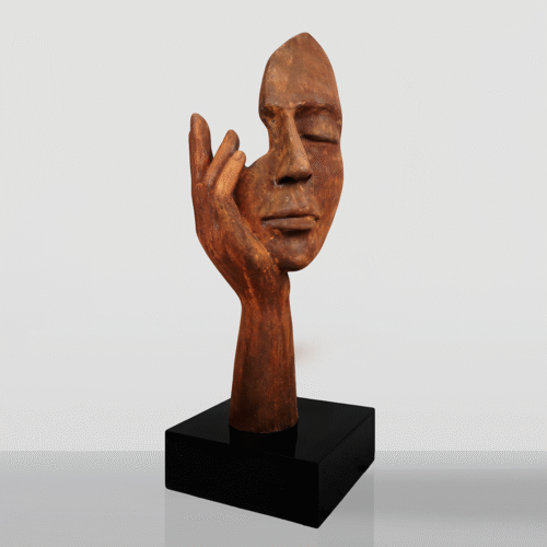 Large Mask with Hand on a Base – Rust Effect